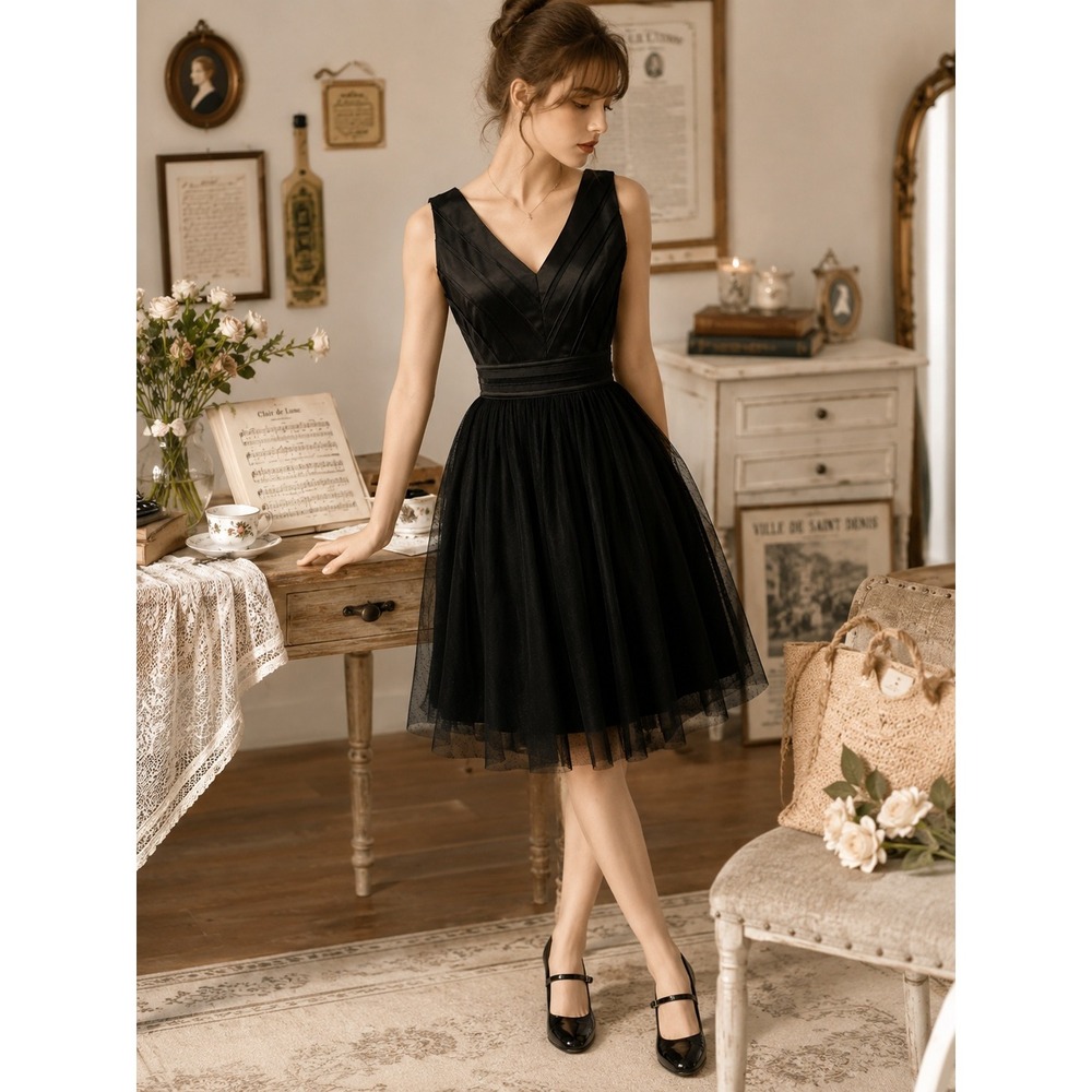 En Creme Black Tulle Fit Flare Cocktail Dress Romantic Balletcore M